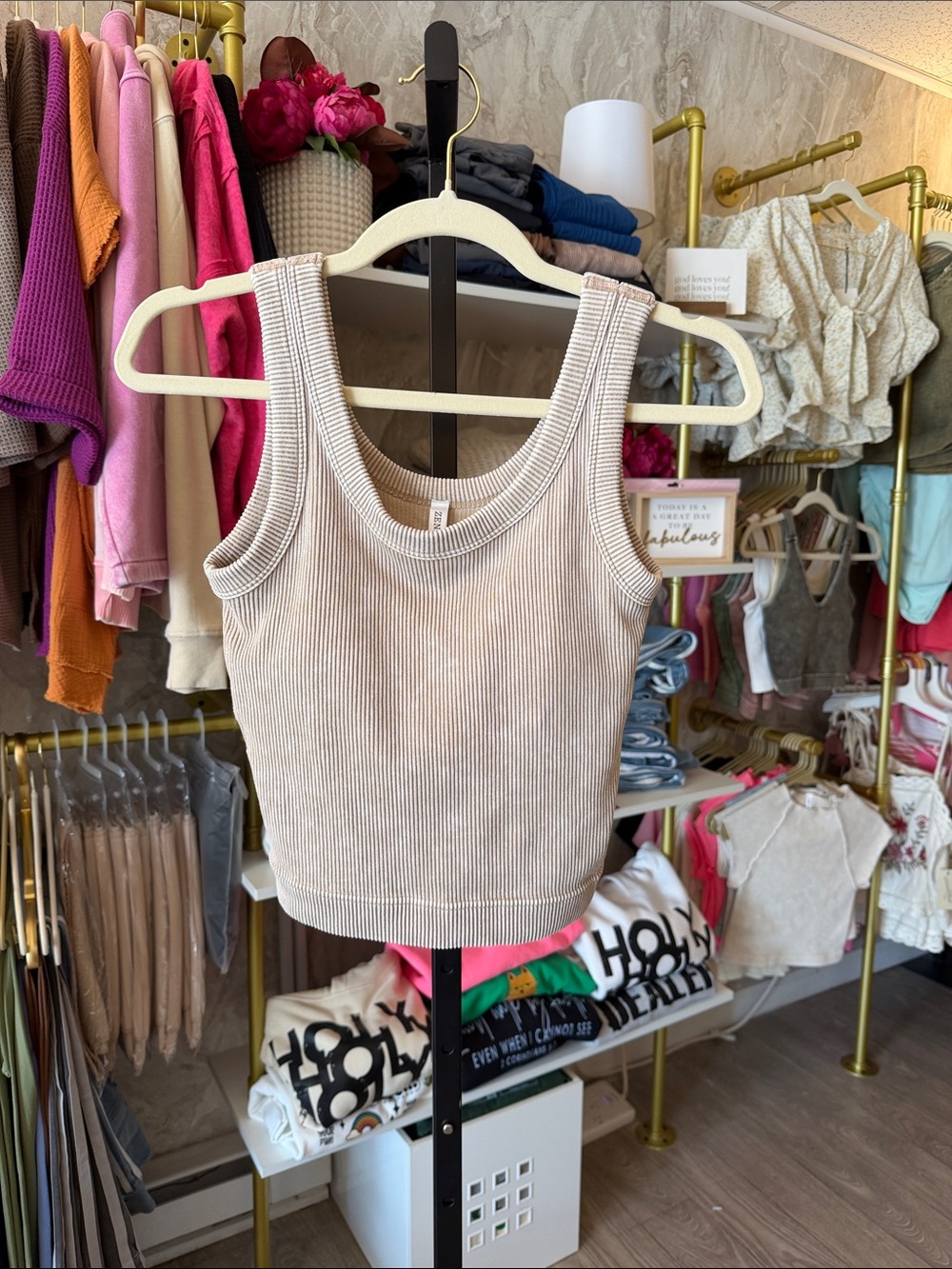 Zenana Outfitters Beige Ribbed Tank - Sleeveless Knit Crop